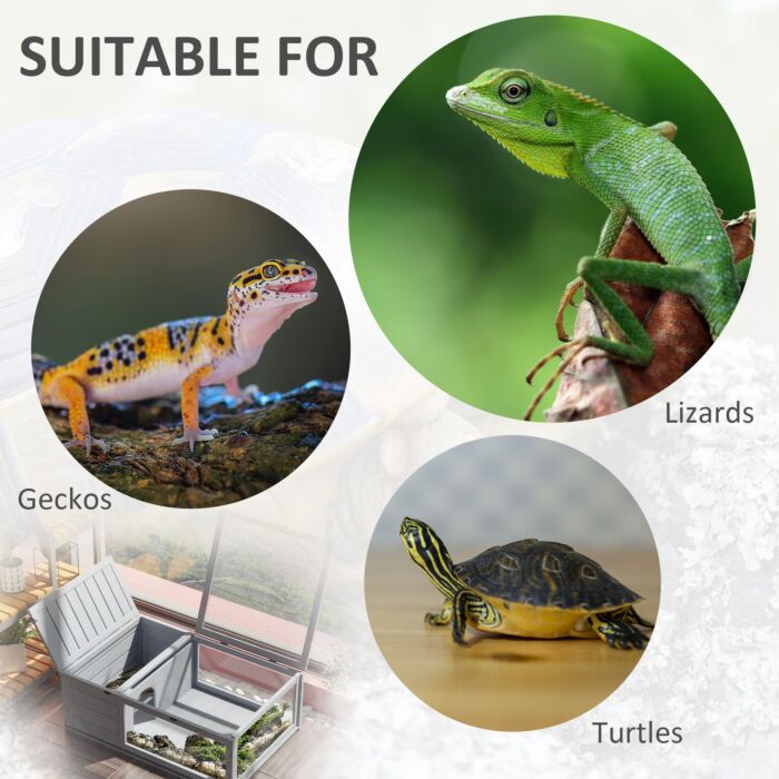 Pawhut Tortoise House With Mesh Roof, Small Pet Reptile Wooden House, Tortoise Enclosure With Pulled-out Side Panel, Grey