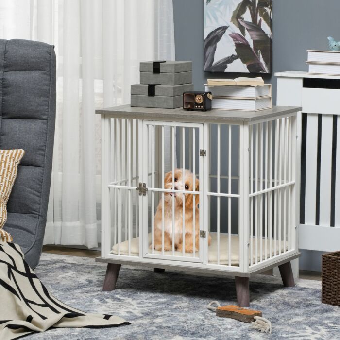 Pawhut Dog Crate Furniture, Indoor Pet Kennel Cage, Top End Table W/ Soft Cushion, Lockable Door, For Small Dogs, 64.5 X 48 X 70.5 Cm - Grey
