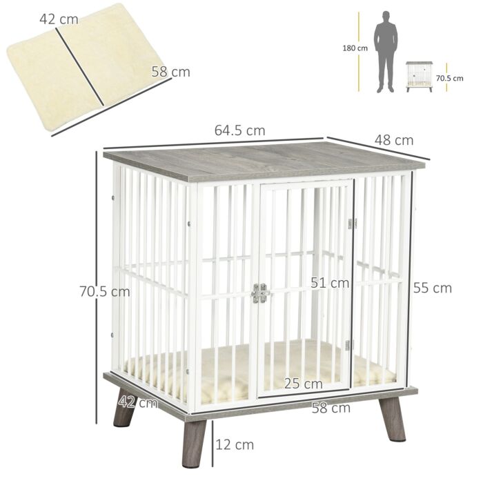Pawhut Dog Crate Furniture, Indoor Pet Kennel Cage, Top End Table W/ Soft Cushion, Lockable Door, For Small Dogs, 64.5 X 48 X 70.5 Cm - Grey