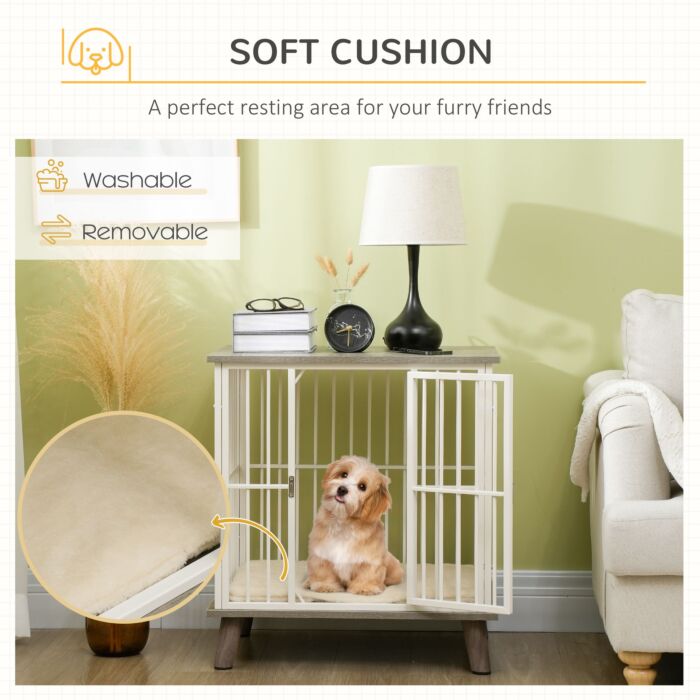 Pawhut Dog Crate Furniture, Indoor Pet Kennel Cage, Top End Table W/ Soft Cushion, Lockable Door, For Small Dogs, 64.5 X 48 X 70.5 Cm - Grey