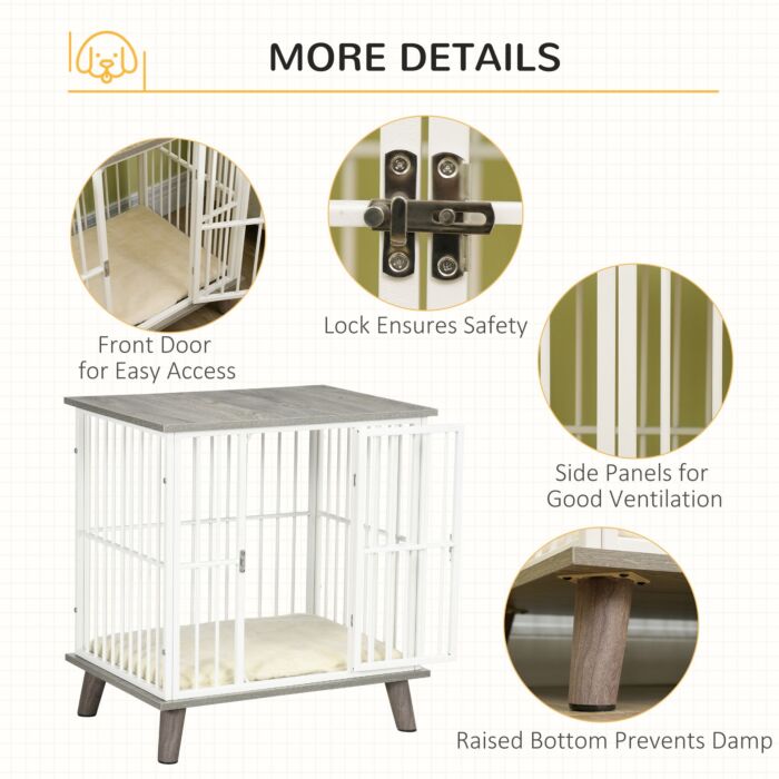 Pawhut Dog Crate Furniture, Indoor Pet Kennel Cage, Top End Table W/ Soft Cushion, Lockable Door, For Small Dogs, 64.5 X 48 X 70.5 Cm - Grey
