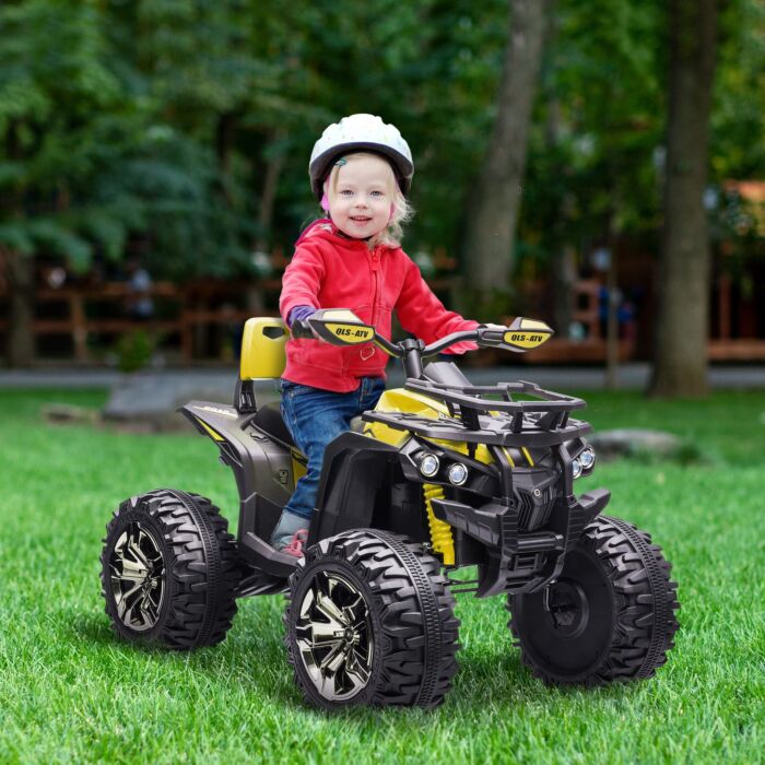 Homcom 12v Quad Bike Atv With Led Lights, Music, Backrest, Forward, Backward, Yellow