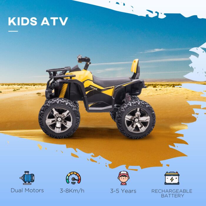 Homcom 12v Quad Bike Atv With Led Lights, Music, Backrest, Forward, Backward, Yellow