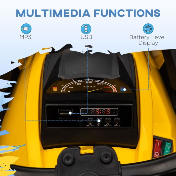 Homcom 12v Quad Bike Atv With Led Lights, Music, Backrest, Forward, Backward, Yellow