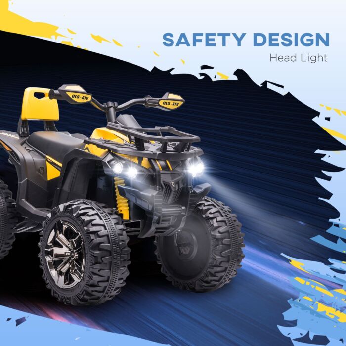 Homcom 12v Quad Bike Atv With Led Lights, Music, Backrest, Forward, Backward, Yellow