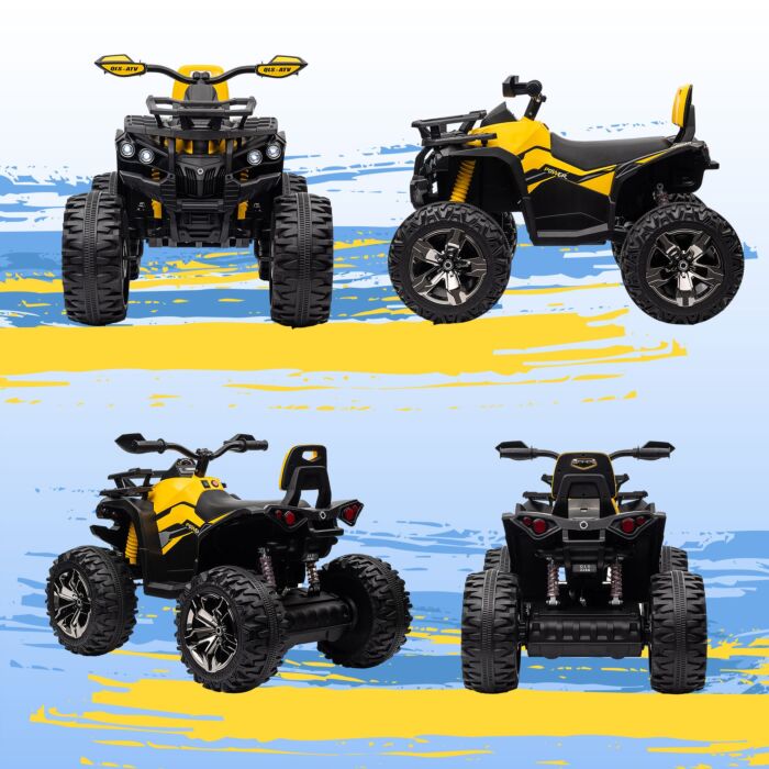 Homcom 12v Quad Bike Atv With Led Lights, Music, Backrest, Forward, Backward, Yellow