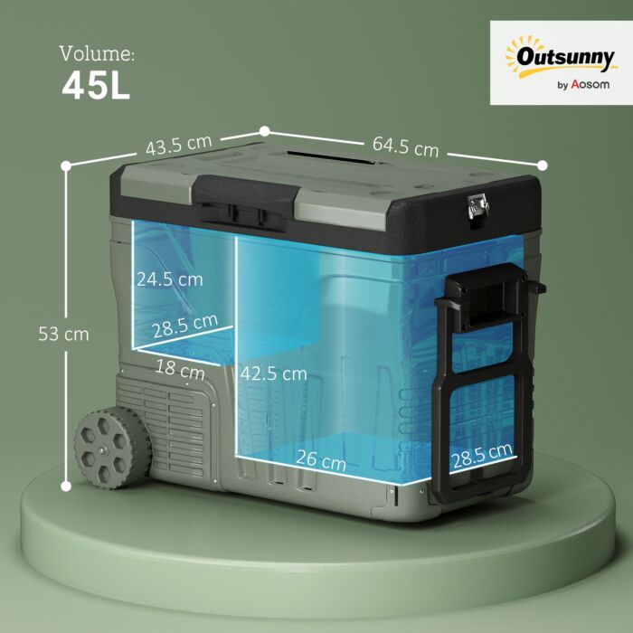 Outsunny 45l Camping Fridge Freezer Dual Zone, Portable Car Fridge 12v/24v Dc & 100-240v Ac, Electric Cool Box -20℃-20℃ With Wheels And Led Light, For Travel, Rv, Road Trip, Picnic