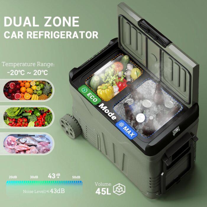 Outsunny 45l Camping Fridge Freezer Dual Zone, Portable Car Fridge 12v/24v Dc & 100-240v Ac, Electric Cool Box -20℃-20℃ With Wheels And Led Light, For Travel, Rv, Road Trip, Picnic