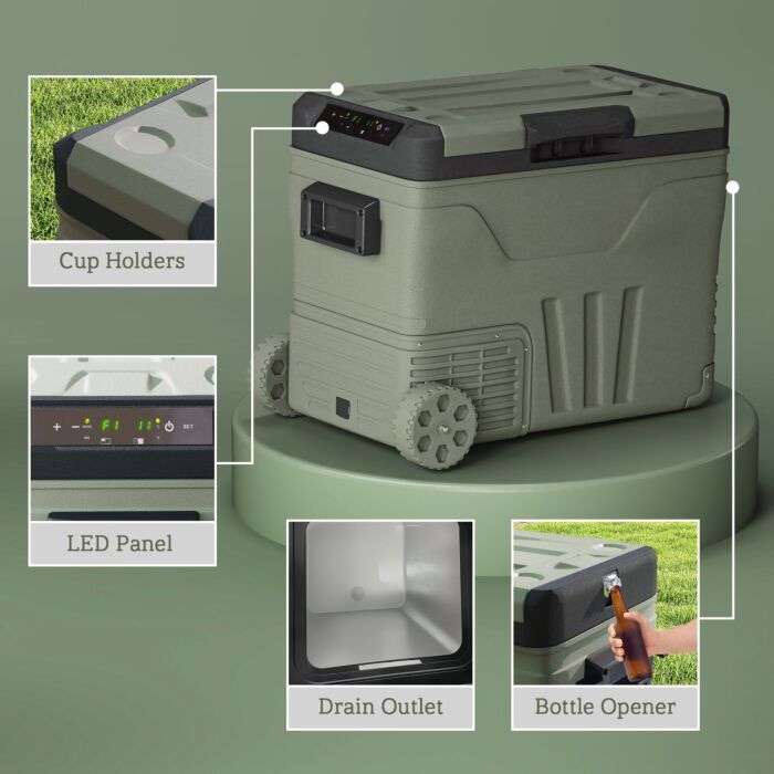 Outsunny 45l Camping Fridge Freezer Dual Zone, Portable Car Fridge 12v/24v Dc & 100-240v Ac, Electric Cool Box -20℃-20℃ With Wheels And Led Light, For Travel, Rv, Road Trip, Picnic