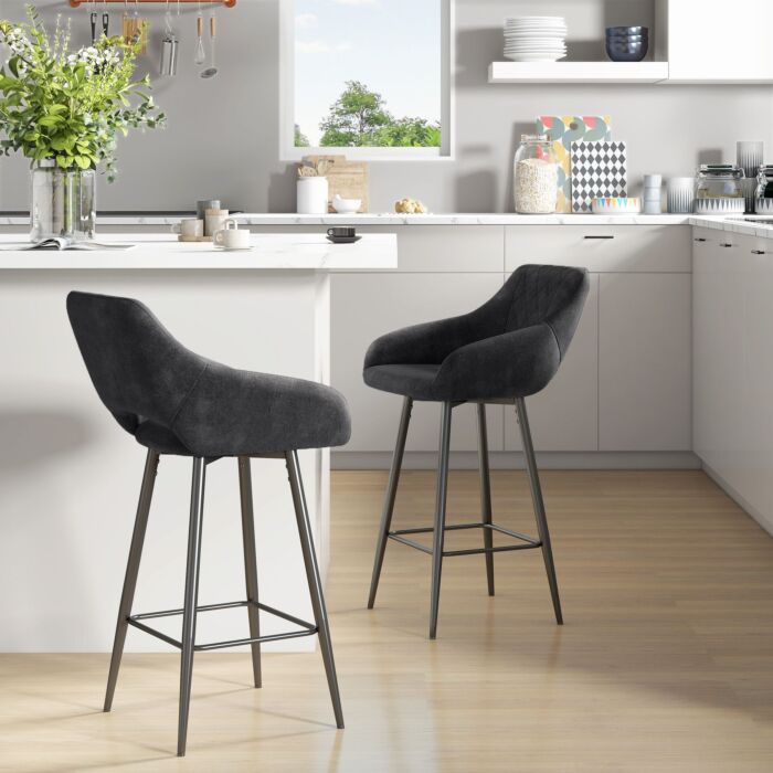 Homcom Set Of Two Velvet-feel Bar Stools - Grey