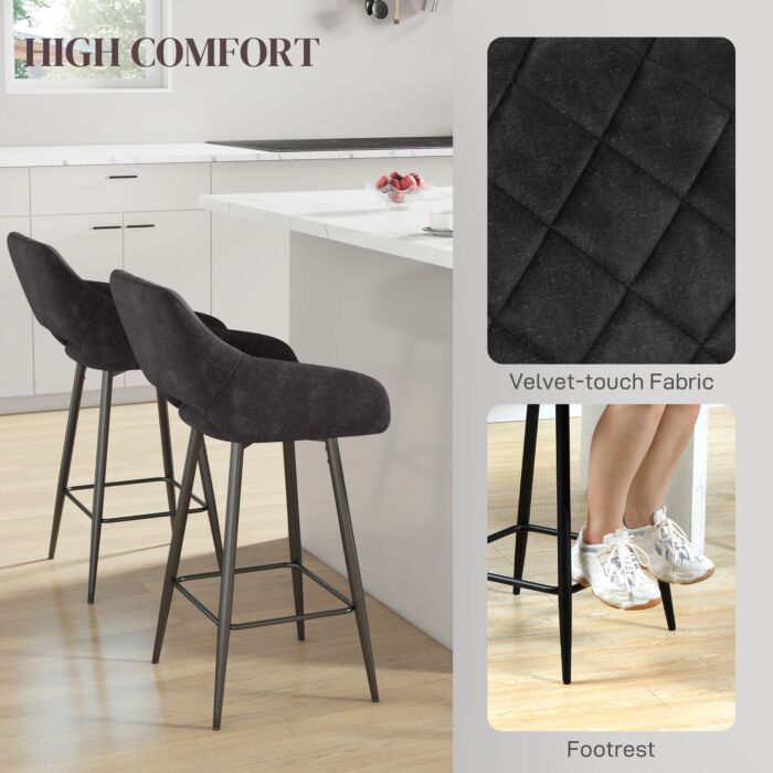 Homcom Set Of Two Velvet-feel Bar Stools - Grey