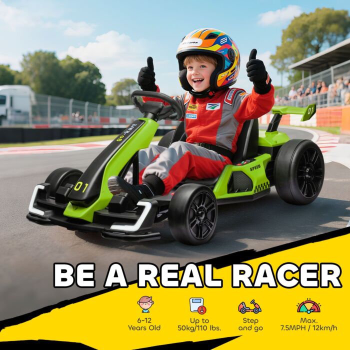 Homcom 24v Electric Go Kart For Kids With Adjustable Seat For 6-12 Years Old, Green