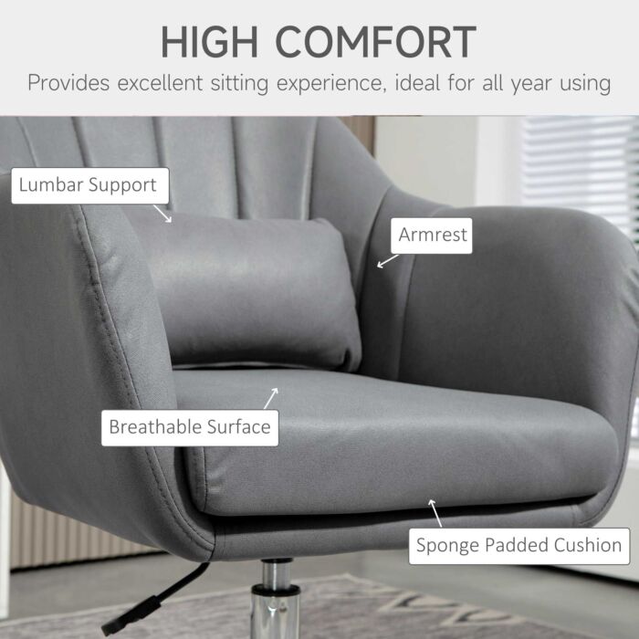 Homcom Swivel Accent Chair For Living Room Contemporary Vanity Armchair With Adjustable Height Thick Cushion Lumbar Support Armrest Dark Grey