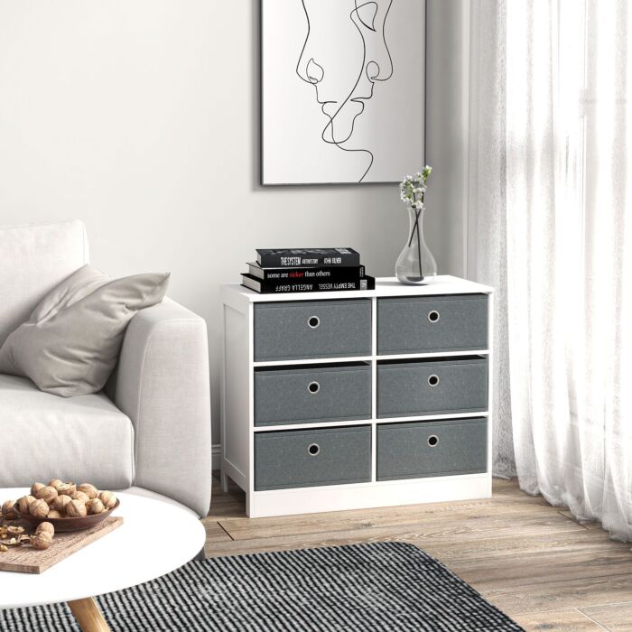 Homcom Chests Of Drawer, Fabric Dresser Storage Cabinet With 6 Drawers, Living Room And Hallway, White And Grey