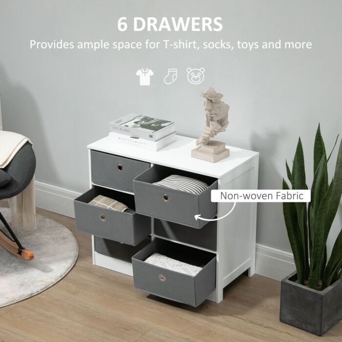 Homcom Chests Of Drawer, Fabric Dresser Storage Cabinet With 6 Drawers, Living Room And Hallway, White And Grey