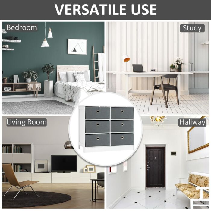 Homcom Chests Of Drawer, Fabric Dresser Storage Cabinet With 6 Drawers, Living Room And Hallway, White And Grey