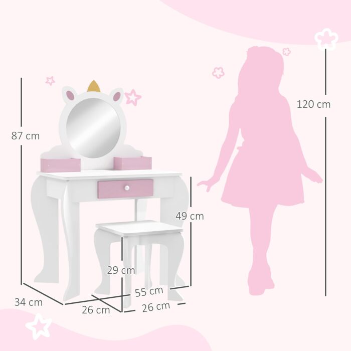 Zonekiz Unicorn-design Kids Dressing Table, With Mirror And Stool - White