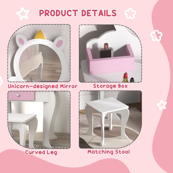 Zonekiz Unicorn-design Kids Dressing Table, With Mirror And Stool - White