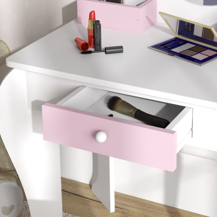 Zonekiz Unicorn-design Kids Dressing Table, With Mirror And Stool - White
