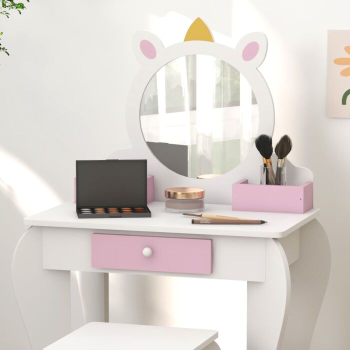 Zonekiz Unicorn-design Kids Dressing Table, With Mirror And Stool - White