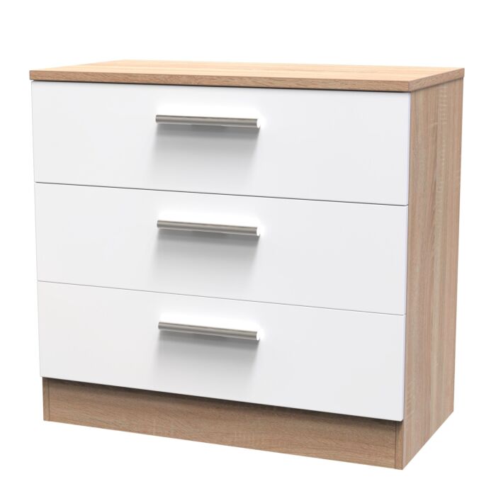 Contrast 3 Drawer Chest In White & Bardolino Oak