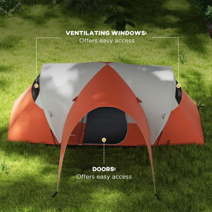 Outsunny 3000mm Waterproof Camping Tent For 5-6 Man, Family Tent With Porch And Sewn In Groundsheet, Portable With Bag, Orange