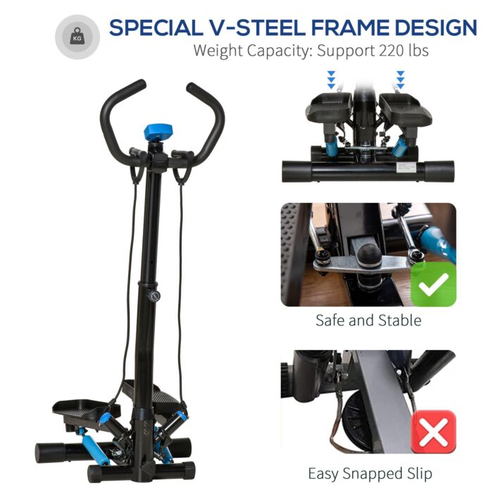 Homcom Adjustable Twist Stepper Fitness Step Machine, Lcd Screen, Height-adjust Handlebars, Home Gym, Black And Blue