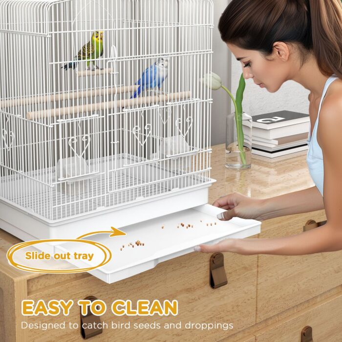 Pawhut Large Metal Bird Cage With Perches, Food Bowls, Swing, For Budgies, Parakeets, White