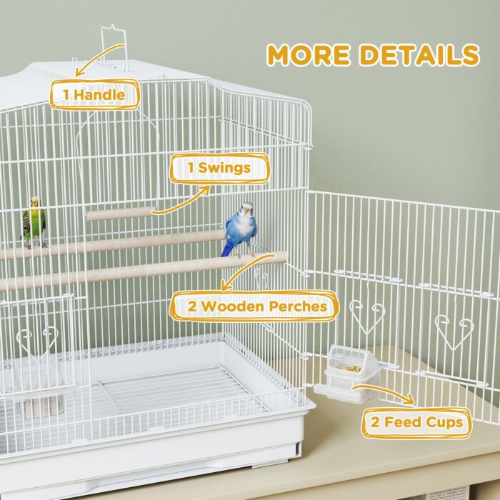 Pawhut Large Metal Bird Cage With Perches, Food Bowls, Swing, For Budgies, Parakeets, White