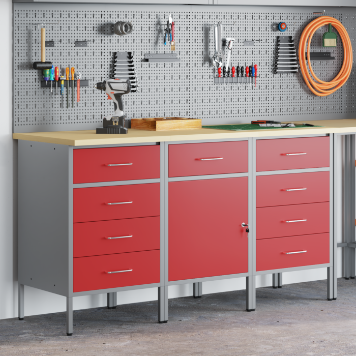 Vidaxl 3-piece Work Cabinet Set In Red And Grey With Engineered Wood And Steel