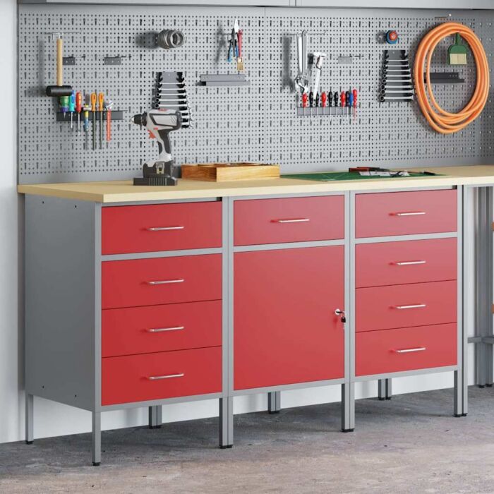 Vidaxl 3-piece Work Cabinet Set In Red And Grey With Engineered Wood And Steel