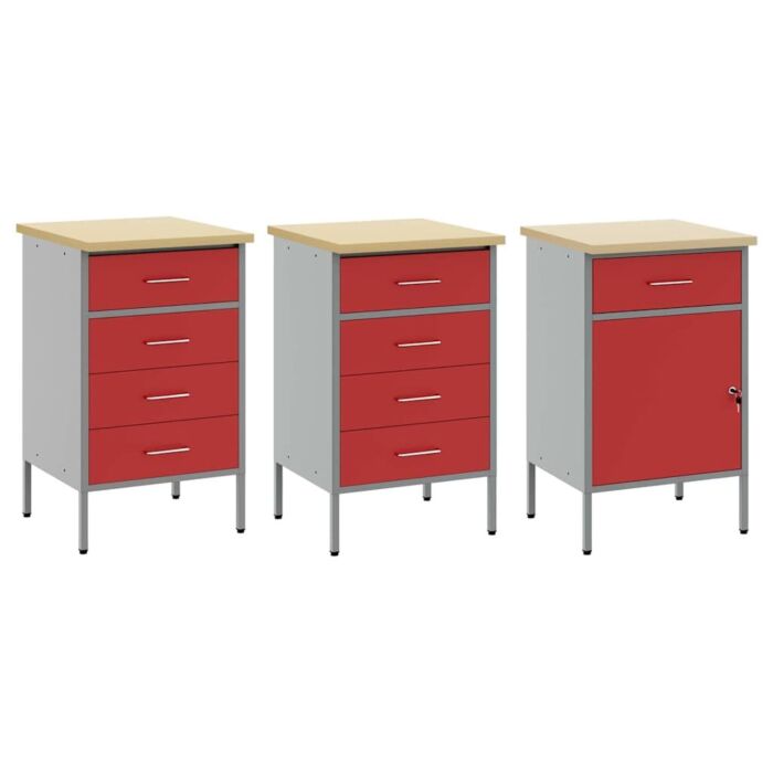Vidaxl 3-piece Work Cabinet Set In Red And Grey With Engineered Wood And Steel