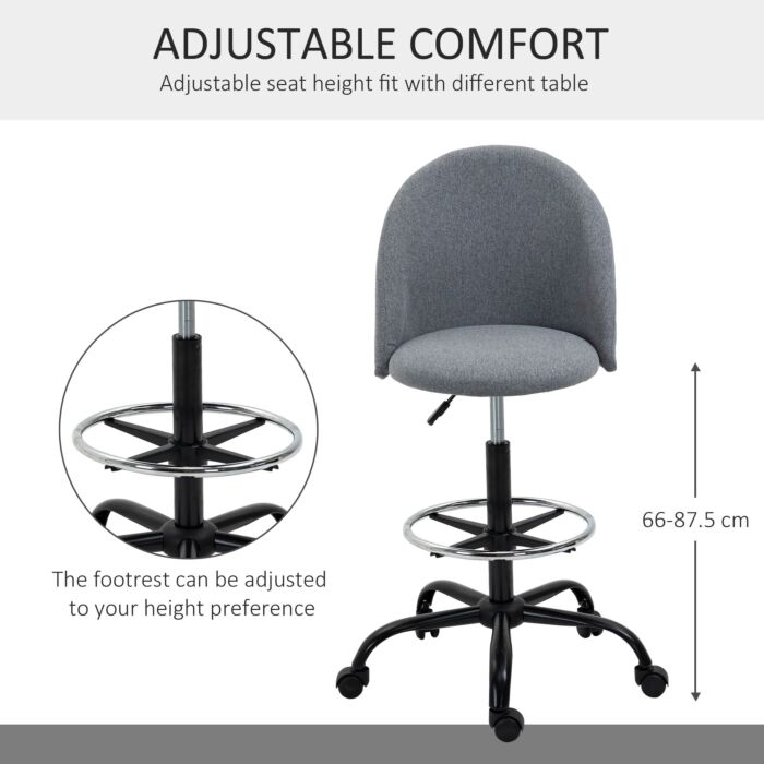 Vinsetto Ergonomic Drafting Chair Adjustable Height W/ 5 Wheels Padded Seat Footrest 360° Swivel Freely Comfortable Versatile Use