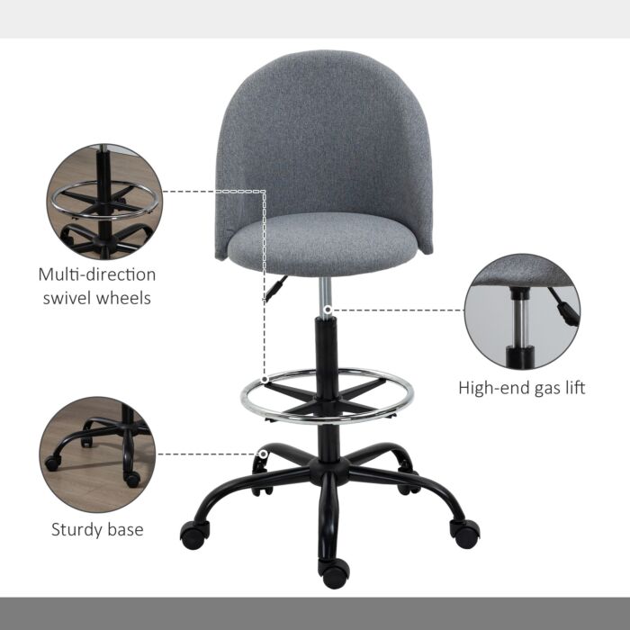 Vinsetto Ergonomic Drafting Chair Adjustable Height W/ 5 Wheels Padded Seat Footrest 360° Swivel Freely Comfortable Versatile Use