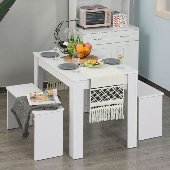 Homcom Kitchen Dining Table And 2 Benches Set, Table And Chairs Set For Limited Space, White