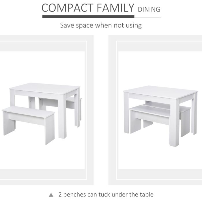 Homcom Kitchen Dining Table And 2 Benches Set, Table And Chairs Set For Limited Space, White