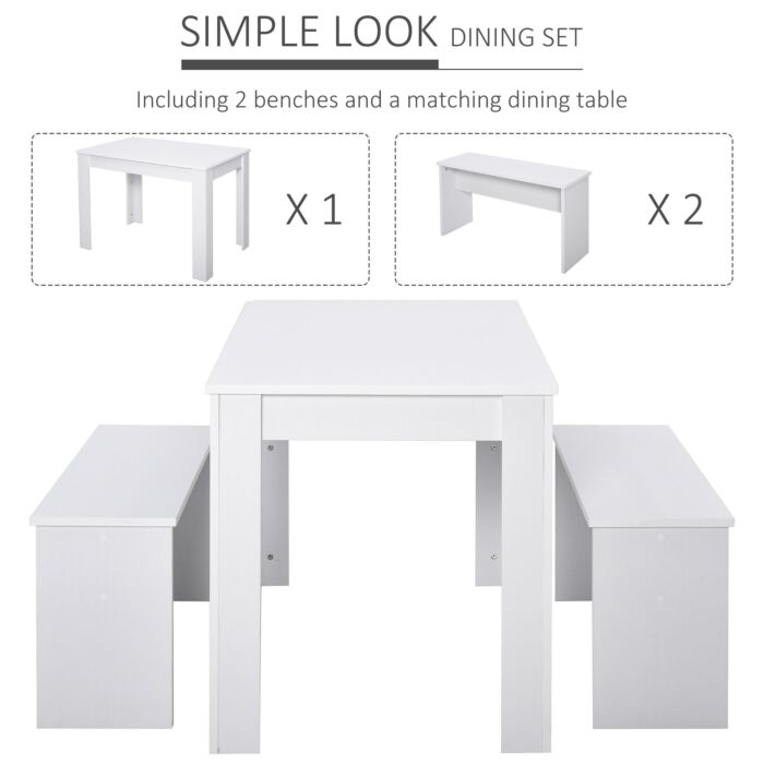 Homcom Kitchen Dining Table And 2 Benches Set, Table And Chairs Set For Limited Space, White