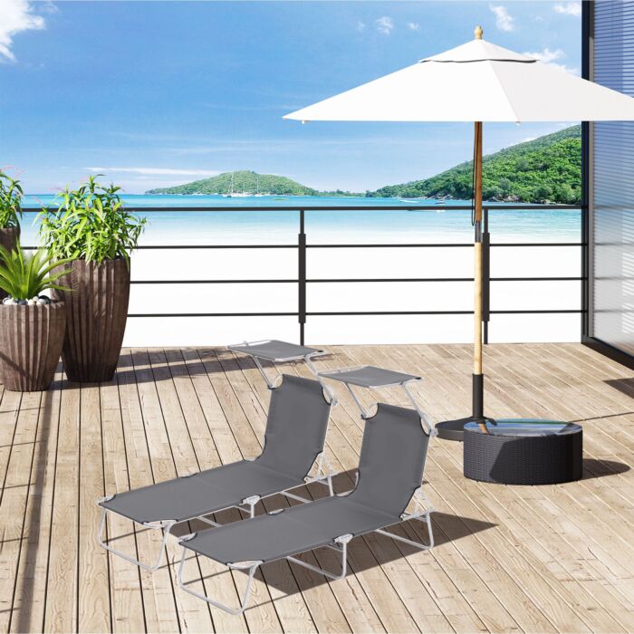 Outsunny 2 Pcs Outdoor Foldable Sun Lounger Set W/ Removeable Shade Canopy, Patio Recliner Sun Lounger W/ Adjustable Backrest W/ Mesh Fabric, Grey