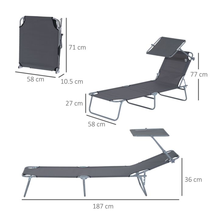 Outsunny 2 Pcs Outdoor Foldable Sun Lounger Set W/ Removeable Shade Canopy, Patio Recliner Sun Lounger W/ Adjustable Backrest W/ Mesh Fabric, Grey