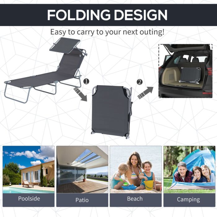 Outsunny 2 Pcs Outdoor Foldable Sun Lounger Set W/ Removeable Shade Canopy, Patio Recliner Sun Lounger W/ Adjustable Backrest W/ Mesh Fabric, Grey
