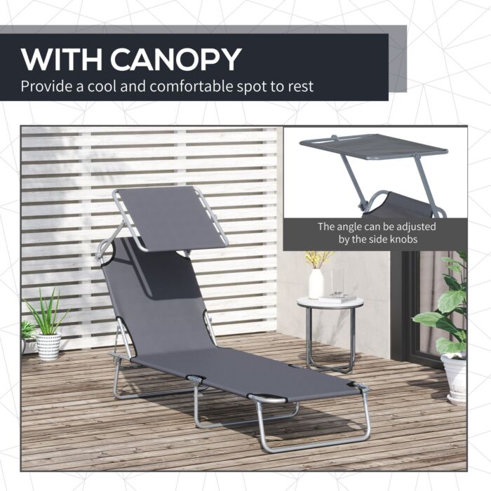 Outsunny 2 Pcs Outdoor Foldable Sun Lounger Set W/ Removeable Shade Canopy, Patio Recliner Sun Lounger W/ Adjustable Backrest W/ Mesh Fabric, Grey