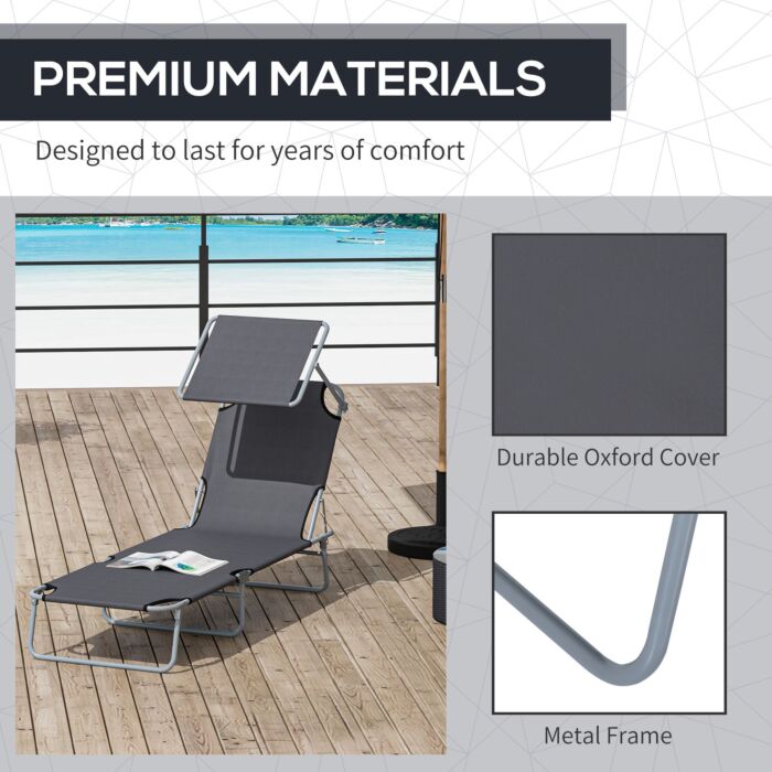 Outsunny 2 Pcs Outdoor Foldable Sun Lounger Set W/ Removeable Shade Canopy, Patio Recliner Sun Lounger W/ Adjustable Backrest W/ Mesh Fabric, Grey