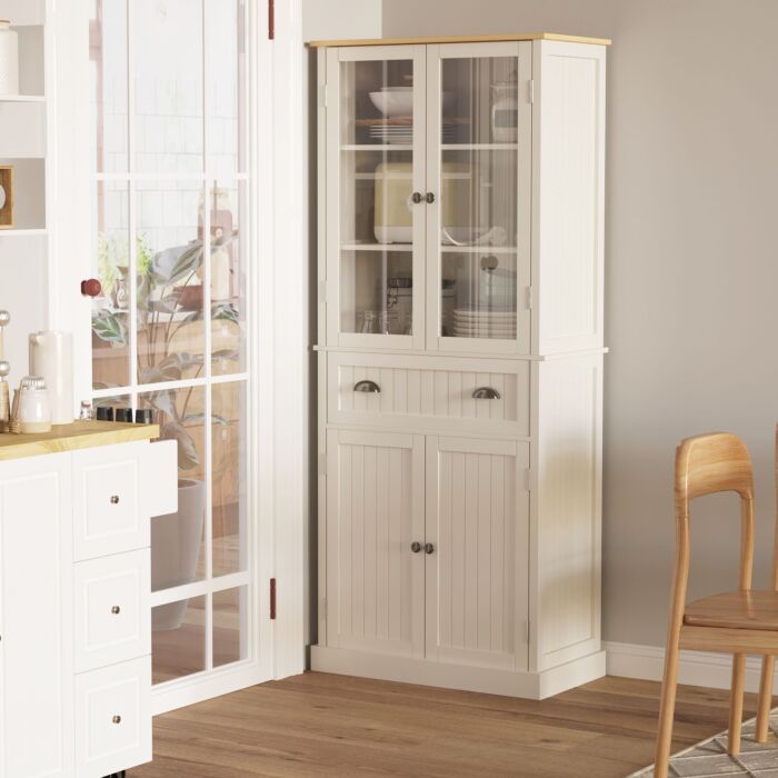 Homcom Freestanding Kitchen Cupboard, 5-tier Storage Cabinet With Adjustable Shelves And Drawer, Cream White