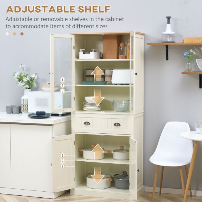 Homcom Freestanding Kitchen Cupboard, 5-tier Storage Cabinet With Adjustable Shelves And Drawer, Cream White
