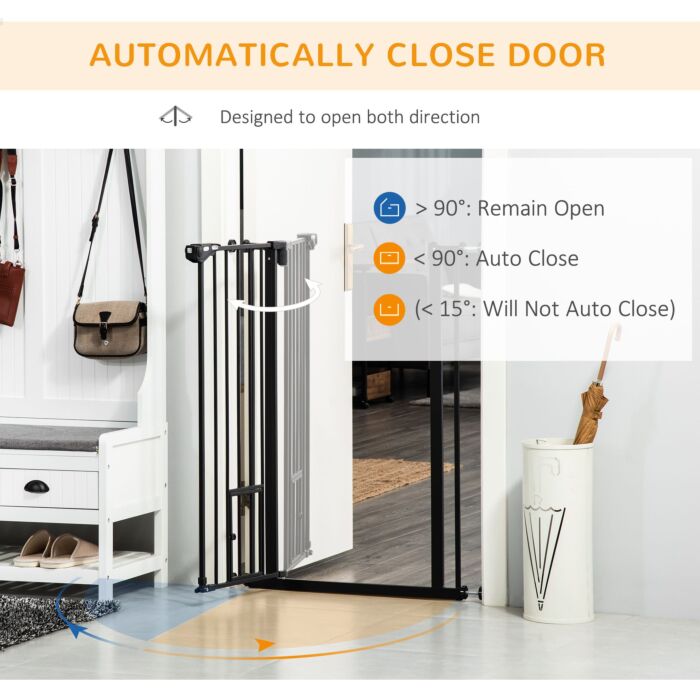 Pawhut Extra Tall Pet Gate, Indoor Dog Safety Gate, With Cat Flap, Auto Close, 74-101cm Wide - Black