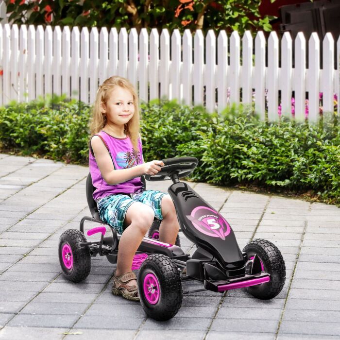 Homcom Children Pedal Go Kart, Racing Go Cart With Adjustable Seat, Inflatable Tyres, Shock Absorb, Handbrake, For Boys And Girls Ages 5-12, Pink