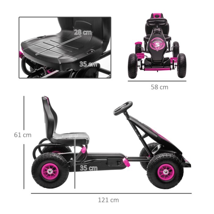 Homcom Children Pedal Go Kart, Racing Go Cart With Adjustable Seat, Inflatable Tyres, Shock Absorb, Handbrake, For Boys And Girls Ages 5-12, Pink