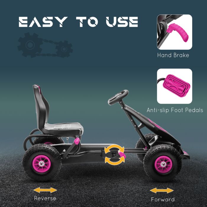Homcom Children Pedal Go Kart, Racing Go Cart With Adjustable Seat, Inflatable Tyres, Shock Absorb, Handbrake, For Boys And Girls Ages 5-12, Pink