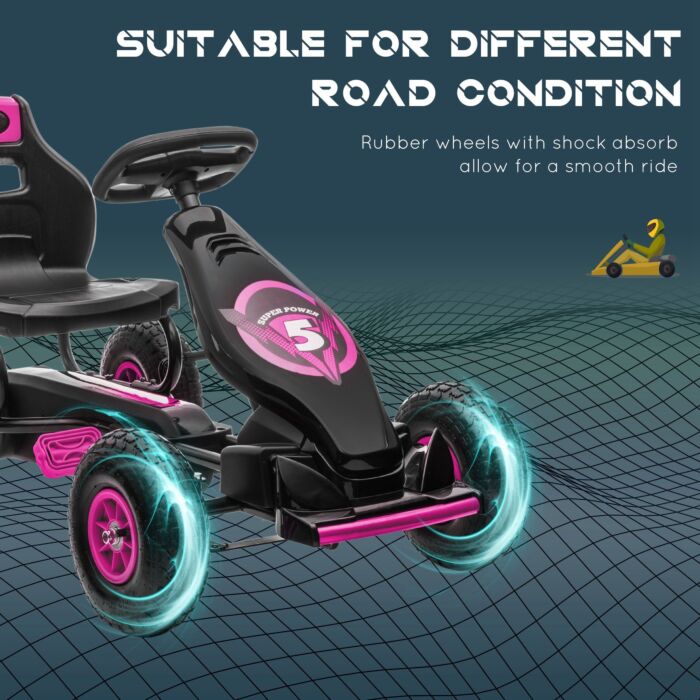 Homcom Children Pedal Go Kart, Racing Go Cart With Adjustable Seat, Inflatable Tyres, Shock Absorb, Handbrake, For Boys And Girls Ages 5-12, Pink