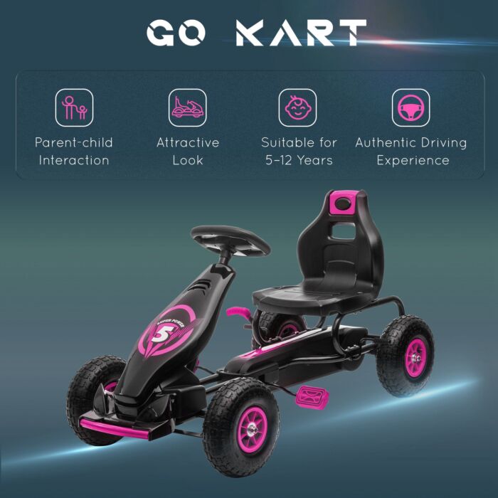 Homcom Children Pedal Go Kart, Racing Go Cart With Adjustable Seat, Inflatable Tyres, Shock Absorb, Handbrake, For Boys And Girls Ages 5-12, Pink